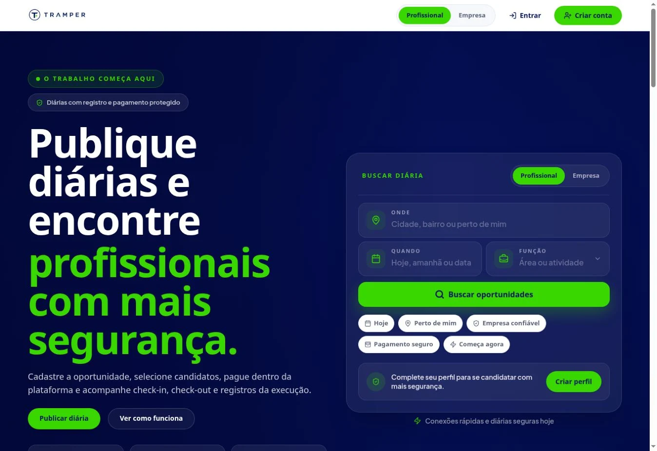 Página pública do Tramper, com apresentação da plataforma de diárias para empresas e profissionais.